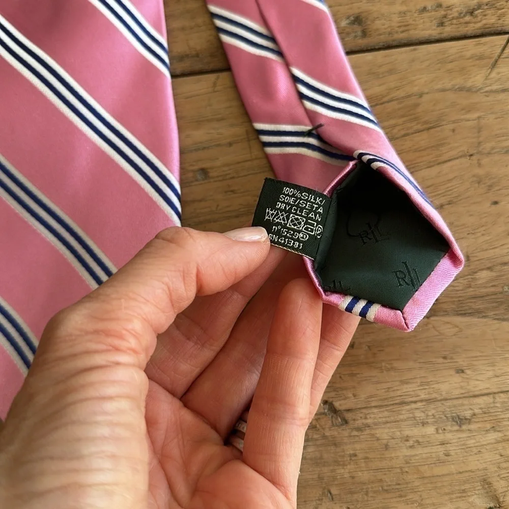 Ralph Lauren “Lauren” 100 silk handmade Silk Tie preppy pink and blue classic